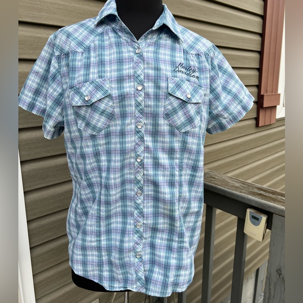 Harley Davidson Women’s Shirt size 1W short Sleeve Plaid Blue Embroidered.